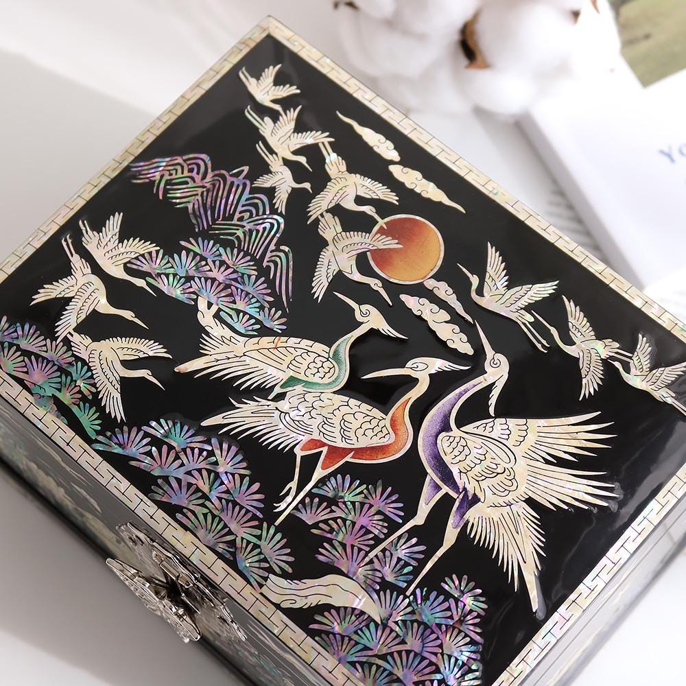 Korean Mother of Pearl Jewelry Box, Crane Moon Najeonchilgi
