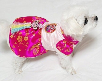 Traditionele Koreaanse hond Hanbok-jurk roze bloemenborduurwerk huisdier kostuum nieuwe maanjaar outfit
