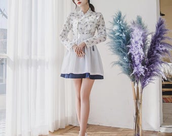 Modern Hanbok Set: Floral Yongdam Jeogori and Gaon Mini Wrap Skirt