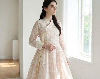 Custom Made Korean Hanbok – moderne bloemenkanten jurk voor fusion bruiloft en receptie