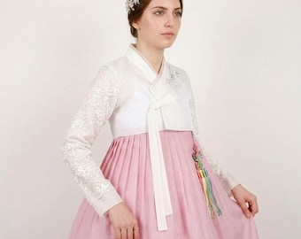 Op maat gemaakte Koreaanse Hanbok volledige set – traditionele gelaagde zijden trouwjurk voor gasten