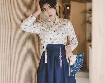 Modern Floral Hanbok Set, Navy Wrap Skirt, K-Fashion Outfit