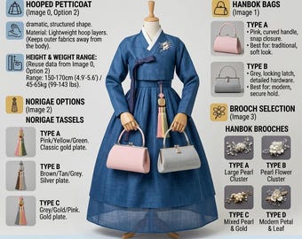 Hanbok-accessoireset: broche, handtas, norigae-kwastjes, pantoffels