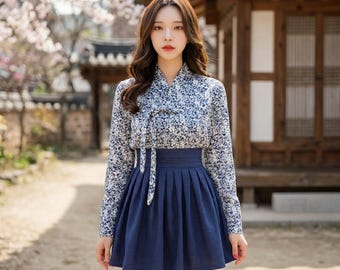 Modern Mini Hanbok Set: "Suryeohan" Floral Jeogori Top and "Neoul" Navy Mini Wrap Skirt