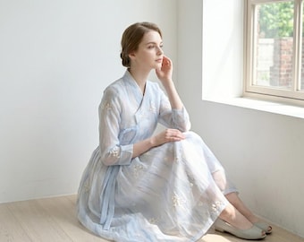 Chollik Fusion-jurk met bloemenprint, moderne Hanbok-stijl, stof