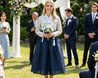 Artistieke bloemen Hanbok-set, roze marineblauwe wikkelrok, huwelijksceremonie, concertkleding