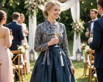 Hanbok-set met inktwassing, roze marineblauwe wikkelrok, artistiek K-Fashion