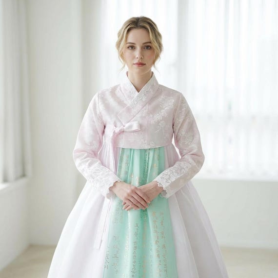 dress hanbok modern A that captures the essence of Korean landscapes, featuring a contrast of pink and black for a look thats both traditional and modern. Remove the jacket, and it transforms into an soft pastel layers MIN HANBOK No.122 Julia Women