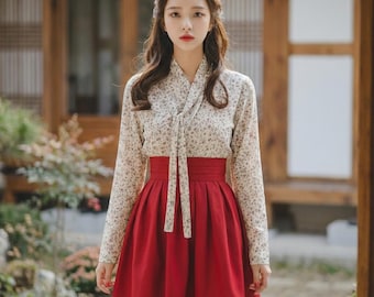 Moderne Hanbok-set: 'Eoriyeon'-gebloemde jeogori-top en serene wikkelrok 'Iruri'