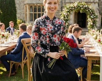 Moderne Hanbok-set: zwart rood topje met bloemen en corduroy jurk