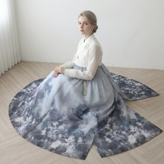 hanbok dress design Elegant Watercolor Hanbok Dress with Floral Designs and Traditional Korean Artistry Stock Illustration