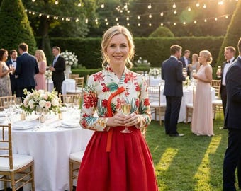 Hanbok-set met bloemenprint, wijnrode wikkelrok, gewaagd K-Fashion