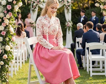 Romantische Hanbok-set kersenbloesem, roze wikkelrok, trouwjurk, bruidsjurk
