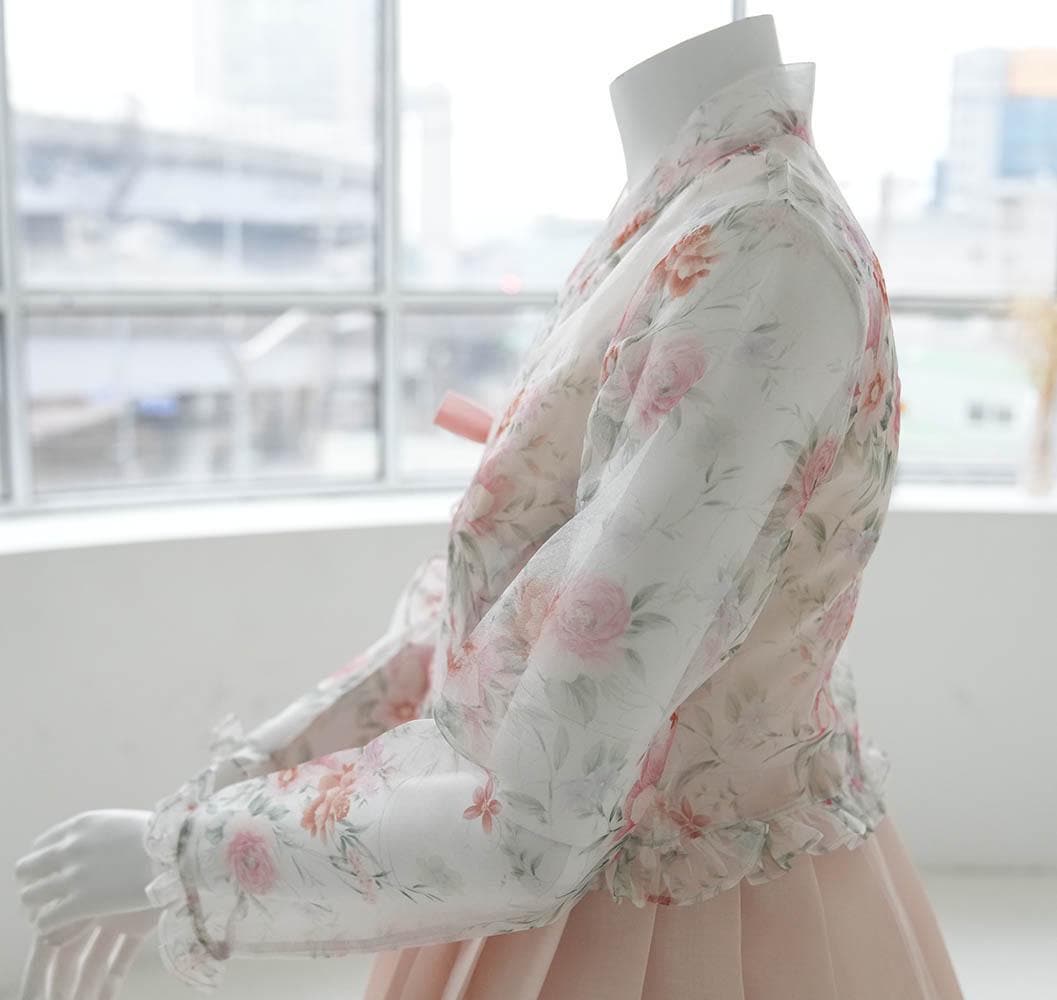 5XL Sheer Lace Hanbok Jeogori No.2, Elegant Floral See-through Top