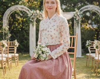 Cozy Corduroy Pink Hanbok Set, Floral Jeogori Top, Winter Wedding Dress, Concert Wear