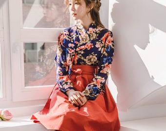 Dahong Red Hanbok Set | Floral Print Jeogori & Vibrant Wrap Skirt | Auspicious K-Fashion Dress