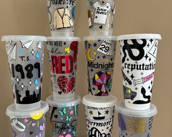 Taylor Swift Inspired Cold Cup, Swiftie, Era's Tour, Red, 1989, Lover, Folklore, Midnight, Evermore, Speak Now, Reputation, Fearless