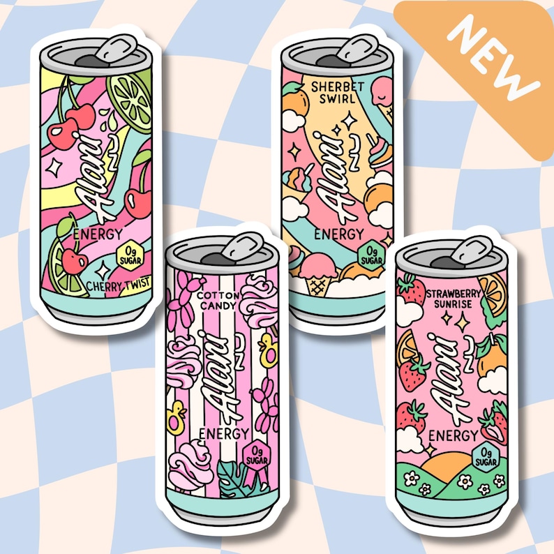 May include: Four colorful Alani Energy drink cans with different flavors: Cherry Twist, Sherbet Swirl, Cotton Candy, and Strawberry Sunrise. Each can features unique illustrations and the text "Alani Energy" and "0g Sugar". A "NEW" sticker is in the corner.