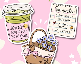 May include: Three stickers featuring a green matcha drink with the text Jesus loves you so matcha, a notepad with the text Reminder: your job is to please GOD NOT PEOPLE!, and a brown basket with purple flowers and the text Luke 12:27.