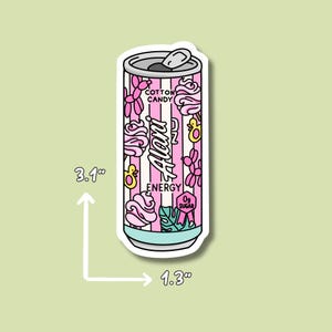 May include: A sticker of a pink and white Alani Nu Cotton Candy energy drink can. The can is 3.1 inches tall and 1.3 inches wide. The can has a pink and white striped design with pink and yellow accents. The can reads "Alani Energy" and "0g Sugar."