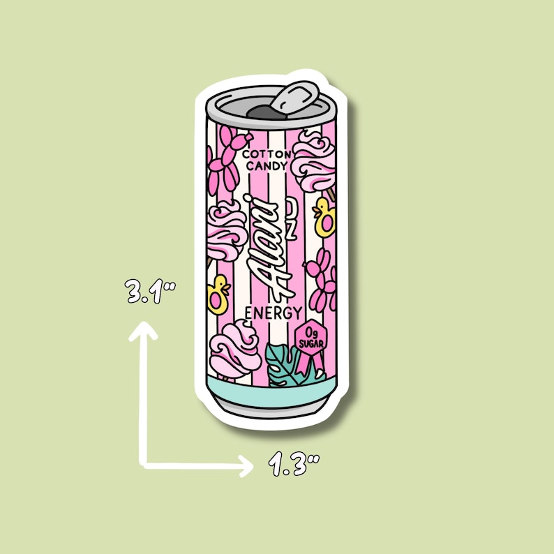 May include: A sticker of a pink and white Alani Nu Cotton Candy energy drink can. The can is 3.1 inches tall and 1.3 inches wide. The can has a pink and white striped design with pink and yellow accents. The can reads "Alani Energy" and "0g Sugar."