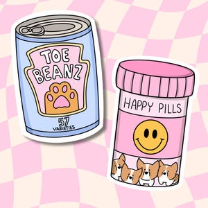 Waterproof Dog Sticker: Happy Pills & Toe Beans - Corgi Laptop Decal