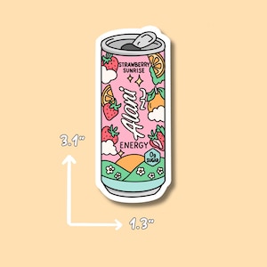 May include: A sticker of a pink energy drink can with the text "Strawberry Sunrise" and "Alani Energy". The can is decorated with strawberries, oranges, clouds, and a landscape with flowers. The sticker is 3.1 inches tall and 1.3 inches wide.
