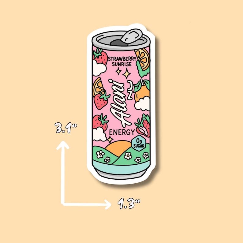 May include: A sticker of a pink energy drink can with the text "Strawberry Sunrise" and "Alani Energy". The can is decorated with strawberries, oranges, clouds, and a landscape with flowers. The sticker is 3.1 inches tall and 1.3 inches wide.