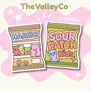 May include: Two rectangular stickers featuring candy packaging designs. The left sticker shows a tan Haribo bag with four colorful gummy bears. The right sticker shows a light green Sour Patch Kids bag with a blue character and bold text.