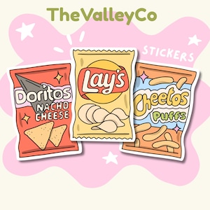 May include: Three die-cut stickers featuring illustrated snack bags: a red Doritos Nacho Cheese bag, a yellow Lay's potato chip bag, and an orange Cheetos Puffs bag. The text TheValleyCo STICKERS appears at the top against a pink background with white stars.