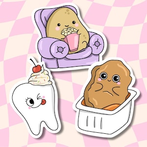 May include: Three cartoon stickers featuring a potato in a purple armchair eating popcorn, a tooth with a cherry and whipped cream on top, and a fried chicken nugget in a white container.