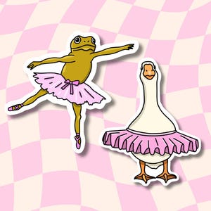 May include: A frog and a goose wearing pink tutus and ballet shoes. The frog is yellow and the goose is white. They are both standing on a pink and white checkered background.