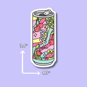 May include: A sticker of a colorful energy drink can, 3.1 inches tall and 1.3 inches wide. The can features the text "Alani Energy" with cherries and lime slices. The can is labeled "Cherry Twist" and "0g Sugar".