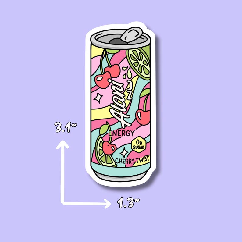 May include: A sticker of a colorful energy drink can, 3.1 inches tall and 1.3 inches wide. The can features the text "Alani Energy" with cherries and lime slices. The can is labeled "Cherry Twist" and "0g Sugar".