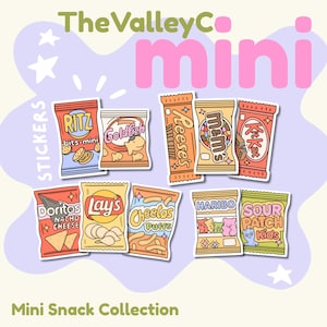 May include: A collection of mini snack stickers featuring illustrated packages of Ritz, Goldfish, Reese's, M&M's, Kit Kat, Doritos, Lay's, Cheetos, Haribo, and Sour Patch Kids. The text TheValleyC mini and Mini Snack Collection is visible.