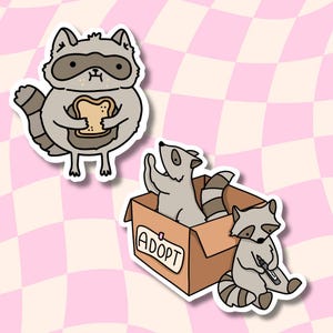May include: Two cartoon raccoons, one holding a slice of bread and the other sitting in a cardboard box labeled "ADOPT".