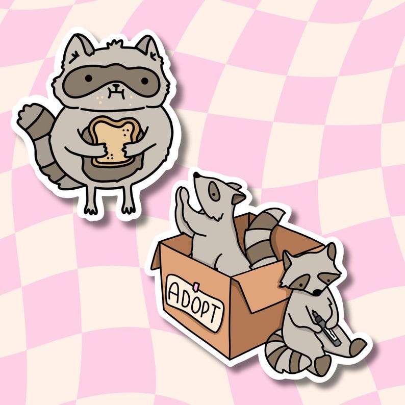 May include: Two cartoon raccoons, one holding a slice of bread and the other sitting in a cardboard box labeled "ADOPT".