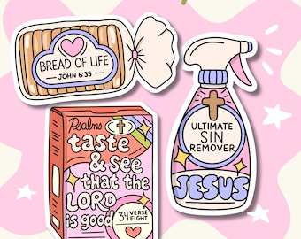 May include: Three stickers featuring a loaf of bread labeled BREAD OF LIFE JOHN 6:35, a cereal box labeled Psalms taste & see that the LORD is good 34 VERSE EIGHT, and a spray bottle labeled ULTIMATE SIN REMOVER JESUS with a cross icon.
