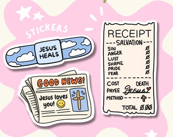 May include: Three stickers featuring religious themes: a blue bandage with white clouds and the text 'JESUS HEALS', a newspaper titled 'GOOD NEWS!' with 'Jesus loves you!' and a cross, and a receipt for 'SALVATION' with a zero balance.