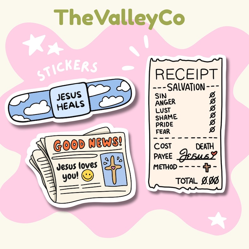 May include: Three stickers featuring religious themes: a blue bandage with white clouds and the text 'JESUS HEALS', a newspaper titled 'GOOD NEWS!' with 'Jesus loves you!' and a cross, and a receipt for 'SALVATION' with a zero balance.