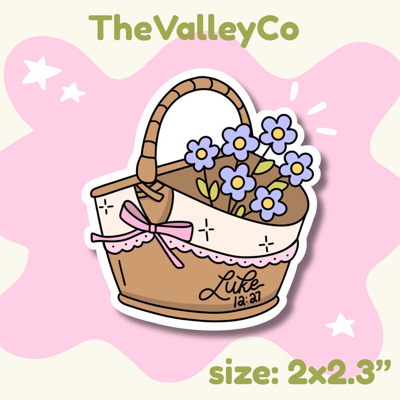 May include: A brown woven basket sticker featuring a bouquet of light purple flowers with yellow centers. The basket is decorated with a light pink ribbon bow and lace trim. The text Luke 12:27 is written on the front. The sticker measures 2x2.3 inches.