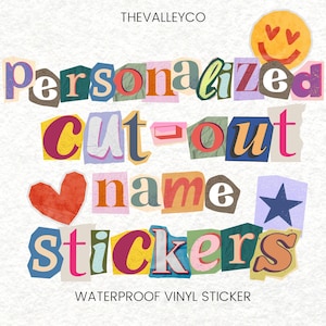 Pegatinas de nombre personalizadas // Letras recortadas de revista // Resistente al agua // Pegatinas de vinilo de calidad // Retro // Nostálgico // Estilo de los 90 //