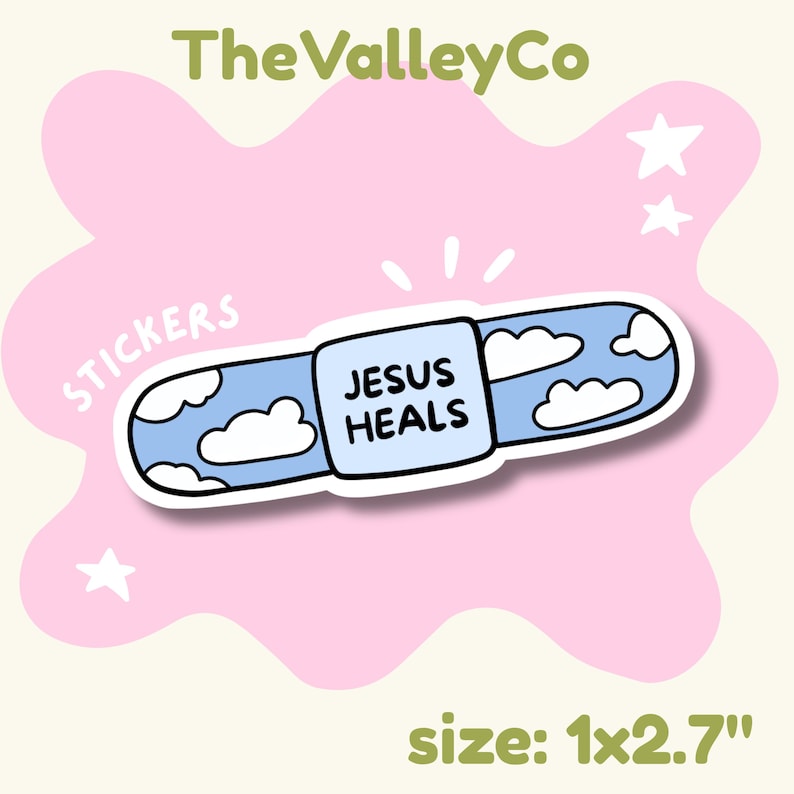 May include: A rectangular adhesive bandage sticker featuring a light blue sky pattern with white clouds and the text JESUS HEALS in black capital letters on the center pad. The sticker measures 1 inch by 2.7 inches and includes the text TheValleyCo.
