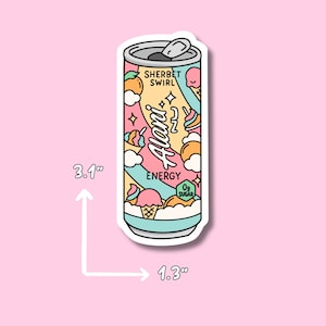 May include: A colorful sticker of a Sherbet Swirl energy drink can, measuring 3.1 inches tall and 1.3 inches wide. The can features pastel colors, ice cream illustrations, and the text "Alani Energy" and "0g Sugar".