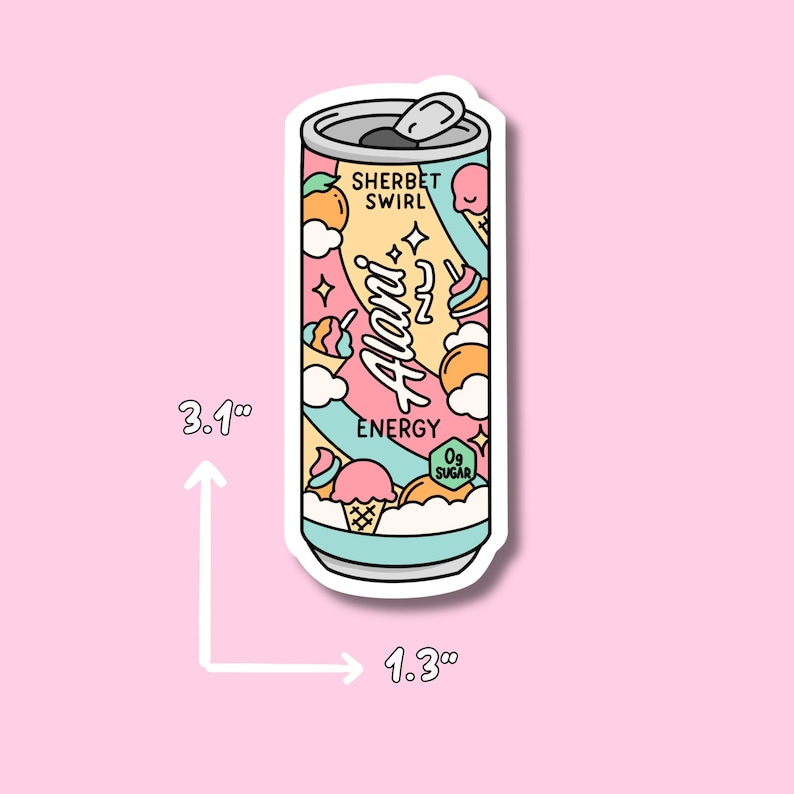 May include: A colorful sticker of a Sherbet Swirl energy drink can, measuring 3.1 inches tall and 1.3 inches wide. The can features pastel colors, ice cream illustrations, and the text "Alani Energy" and "0g Sugar".