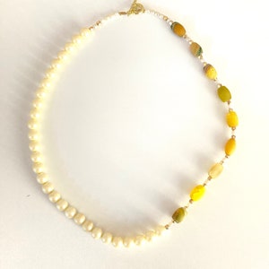Seville - Short Pearls Necklace with Yellow Glass Beads and Crystals Birthday Anniversary Very Sophisticated Piece One of a Kind