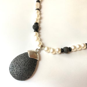 Pearls Necklace and Volcanic Stone Pendant Loved and Blessed Birthday Anniversary Very Sophisticated Piece One of a Kind