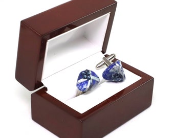 Gemelos de lapislázuli, acero inoxidable con diamantes de imitación en caja de madera de cerezo