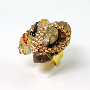 Statement Ring with Natural Stones and Gold Rhinestones Gift Anniversary Present Adjustable
