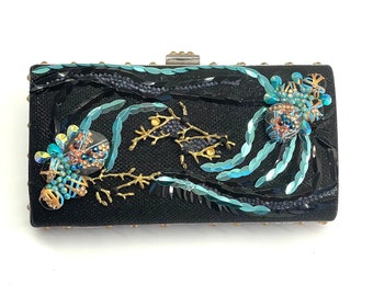 Black Evening Bag Clutch Natural Stones Crystals Blue Sequins Designer Piece by Patricia Adelson